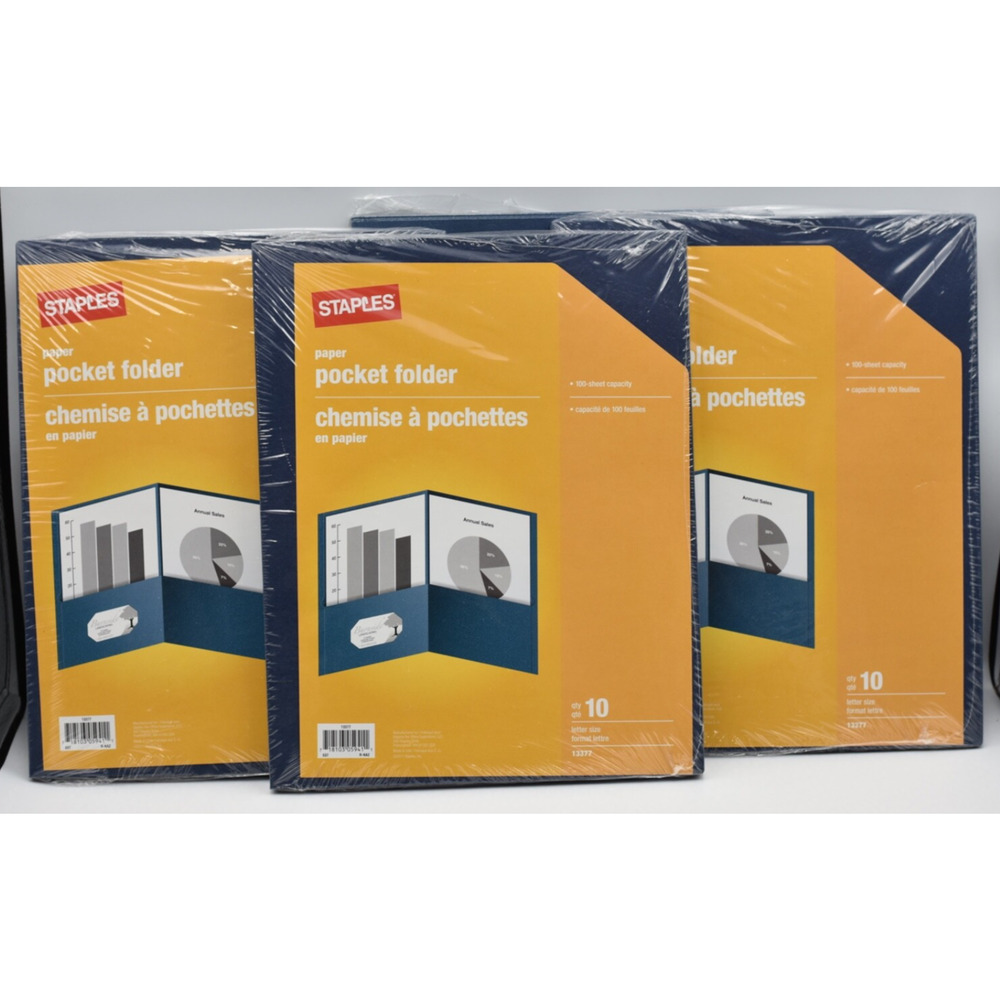 Staples 2-Pocket 100 Sheet Capacity Folders w/Business Card Slot Blue x-39 NEW